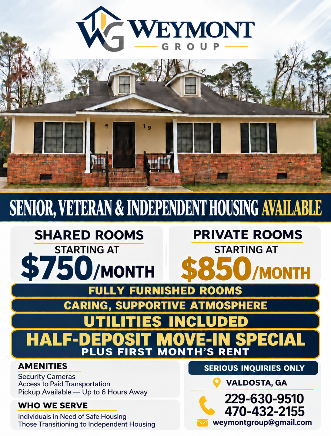 Weymont Group room pricing: shared rooms from $750 a month, private rooms from $850 a month